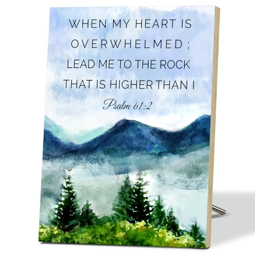Psalm 61:2 Wooden Wall Signs for Religious Desk Decors When My Heart Is Overwhelmed Wood Desktop Decor for Christian Desk Decor Wall Art for Prayer Room Decors Bible Verse Gifts for Women - F473 - color: Psalm 61:2