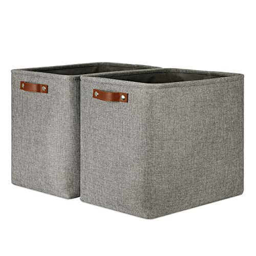 DULLEMELO Grey Storage Baskets 2 Pack Extra Large Fabric Shelf Baskets for Organizing, Closet, Clothes, Toys, Bedroom - color: Grey-Leather Handles, size: Extra Large-17"x12"x15"