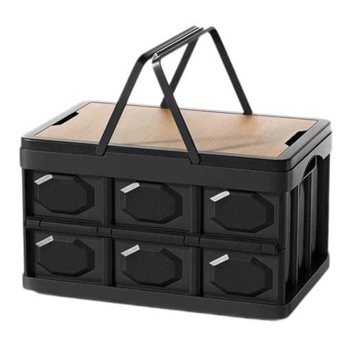 Folding Storage Box with Wooden Lid,56L Collapsible Storage Crate,100KG Load Capacity Portable Foldable Storage Bin,Multifunctional Car Trunk Organizer for Camping, Picnic, Home, Outdoor(Black) - color: Black