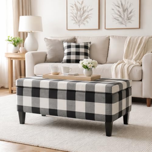 HomePop 36" Storage Ottoman Bench with Hinged Lid - Black Buffalo Plaid - color: Black Plaid