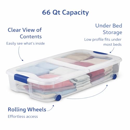 66 Quart Underbed Storage Bin with Wheels & Clear Lid, Under Bed Storage Container for Blankets, 39.5" x 20.25" x 7", Split-Lid Design & Smooth Gliding Wheels