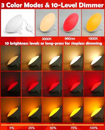 BOHON 660nm Red Light Night Light, 3 Color Modes 10 Brightness Dim White | Red Light Reading Light with Timer, Red Night Lights for Sleep Bedroom Nursery Room Home, Memory Function - color: White