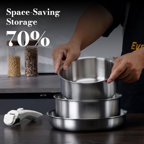 14 pcs Stainless Steel Cookware Set, Detachable Pots and Pans Set with Removable Handle, Non Toxic Space Saving RV Camping Cookware Set, Induction Cookware, Dishwasher & Oven Safe - size: 14 Pcs Sliver