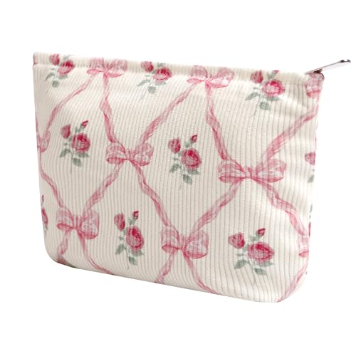 Cosmetic Bags for Women - Corduroy Cosmetic Bag Aesthetic Women Handbags Purses Smile Dots Makeup Organizer Storage Makeup Bag Girls Case Bags (Flowers-Bow) - color: Flowers-Bow
