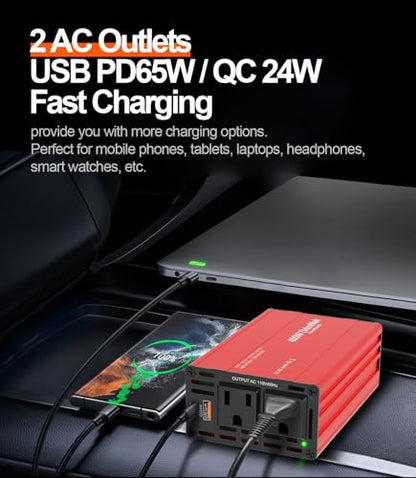 400W Car Power Inverter for Vehicles｜24W+65W USB C,12V DC to AC | 65w Fast Charger,2 AC Output,Aluminum alloy casing - color: RED