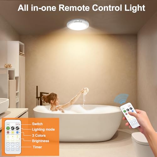 Yunaking Rechargeable Ceiling Light with Motion Sensor: Battery Operated LED Closet Light with Remote & Timing - Wireless Dimmable Magnetic Mount Shower Lamp for Bathroom/Stairs/Garage/Hallway - color: White