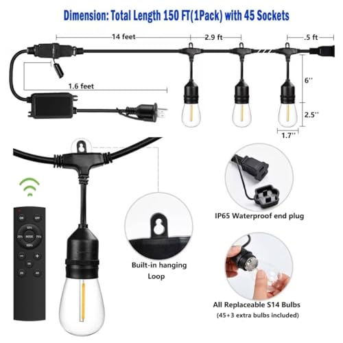 150FT String Lights for Outside Remote Controlled Waterproof with 48pcs Replaceable S14 Warm Bulbs for Patio, Gazebo, Pergola, Backyard Bistro Lights, 2200K, Linkable, 1-Pack - size: 150 feet(1Pack, Remote)