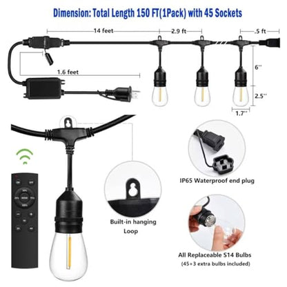 150FT String Lights for Outside Remote Controlled Waterproof with 48pcs Replaceable S14 Warm Bulbs for Patio, Gazebo, Pergola, Backyard Bistro Lights, 2200K, Linkable, 1-Pack - size: 150 feet(1Pack, Remote)