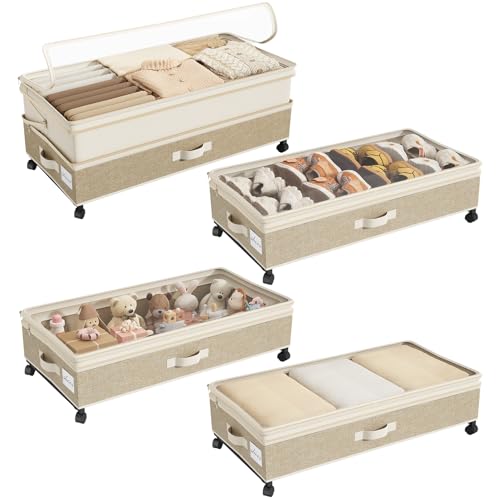 Kitstorack 4 Pack Height-adjustable Under Bed Storage with Wheels, Under Bed Storage Containers,Under Bed Shoe Storage Organizer with Clear Window&Label, Suitable for Clothes Storage, Beige & Linen - color: Beige & Linen, size: 4 Pack
