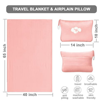 Travel Blanket and Pillow Compact, Premium Soft 2 in 1 Airplane Blanket with Soft Bag Pillowcase，Hand Luggage Sleeve and Backpack Clip (Solid Pink) - color: Solid Pink