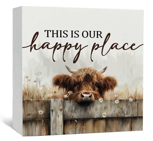Highland Cow Sign - Farmhouse Western Animal Office Kitchen Bedroom Decor,Rustic Farm This Is Our Happy Place Home Decor Signs,highland Cow Gifts For Women,5x5 Inch - color: highland cow happy place, size: 5x5 in