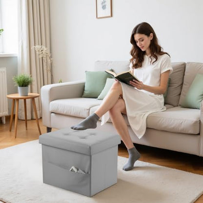Bsketa Storage Ottoman Foot Rest Stool, Small Leather Storage Ottomans Bench, Folding Footstool with Side Pockets, Foot Rest Under Desk for Living Room Bedroom, 16x12x12 in, Grey - color: Grey-with Side Pockets..