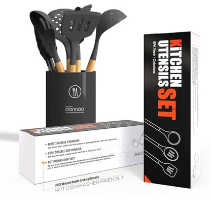 oannao Silicone Cooking Utensils Kitchen Utensil Set - 446°F Heat Resistant Silicone Kitchen Utensils Set, Spatula,Turner Tongs, Spoon, Whisk,Kitchen Gadgets for Nonstick Cookware, BPA Free (Gray) - color: Gray
