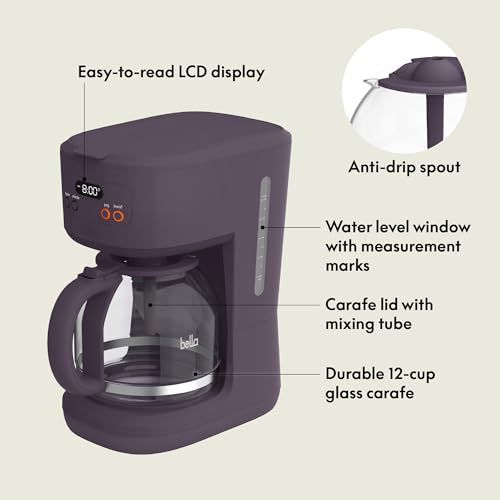 bella 12 Cup Programmable Coffee Maker, Reusable Dishwasher Safe Accessories, Easy LCD display, Auto Shutoff, 900 watt, Plum - color: Plum