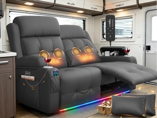 Power Loveseat Recliner with 2-Point Graphene Heat & Massage, Under-Seat Multi‑Color Adjustable LED Light Strips, Foldable Armrest, USB A/C, Wall Hugger Recliner Couch for RV Home Theater - color: Dark Gray, size: Power Loveseat
