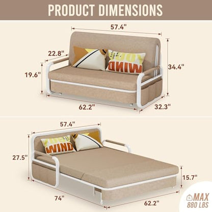 62" Pull Out Sofa Bed, 3 in 1 Convertible Sleeper Sofa, Full Size Loveseat Couch Bed with Storage, Trundle and 2 Pillows for Living Room, Bedroom, Dorm, RV,Office (Saddle Tan 809) - size: 62"- Full Size
