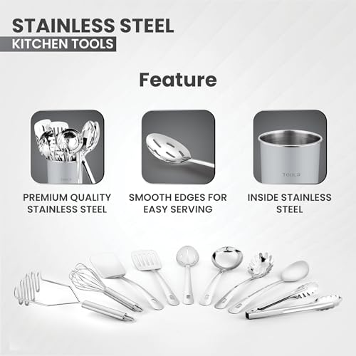 Avador® Premium Set of 10 Stainless Steel (GREY HOLDER) Kitchen Tool Set with Holder Easy To Clean, Space Saving, Great for Cooking, Baking, Prepping (GREY) - color: Gray