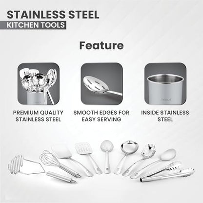 Avador® Premium Set of 10 Stainless Steel (GREY HOLDER) Kitchen Tool Set with Holder Easy To Clean, Space Saving, Great for Cooking, Baking, Prepping (GREY) - color: Gray