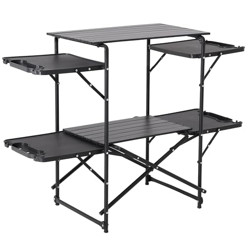 Slim-Fold Camping Kitchen Table, Metal Folding Portable Outdoor Cook Station with 4 Side Tables, 2 Storage Shelves & Carrying Bag, Heat Resistant Quick Set-Up for Picnic BBQ - color: Black