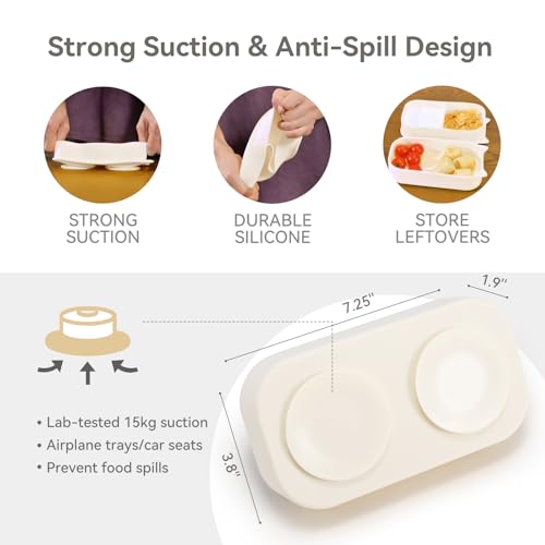 Baby Travel Essentials 6 Pc Feeding Set - Cute Cat Toddler Plates with Suction, 304 Stainless Steel Spoon & Fork, Foldable Silicone Bib in Travel Case - BPA-Free Airplane Travel Gear (Beige) - color: Beige