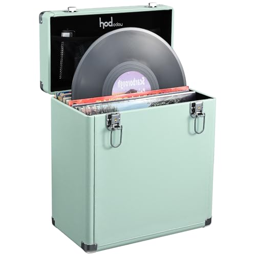 Hododou Vinyl Record Storage Box with Lock Record Organizer Storage for 30+ Single Records 12-inch Water Resistant Collapsible Storage Crate with Lid Handle Mesh Pouch for Valuable Album Collection - color: Watery Blue