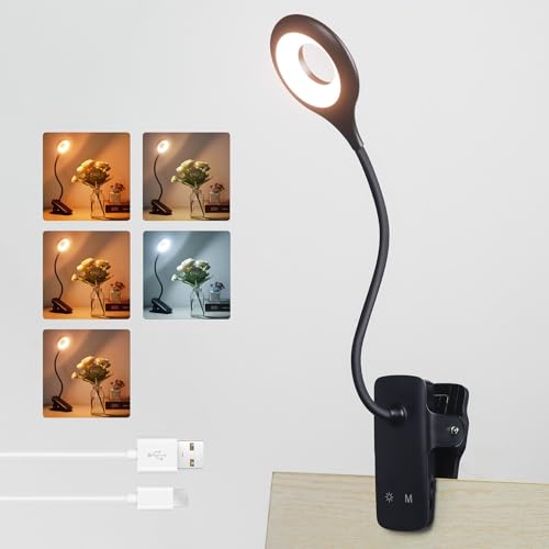 Akynite Desk Lamp LED Clip on Light, 5 Modes 5 Brightness Dimmable Clamp Light, Rechargeable Battery Flexible Clip on Reading Lamp for Bed Headboard Bunk Bed at Night for Kids (Black) - color: Black