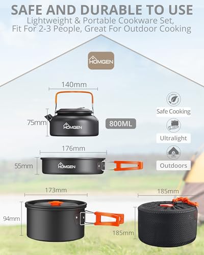 HOMGEN Portable Camp Cooking Set-Ultralight Anodized Aluminum Camping Cookware Set for 2 People with Nesting Non-Stick Frying Pot/Pan-800ml Insulated Teapot etc-Compact Backpacking Gear for Camping