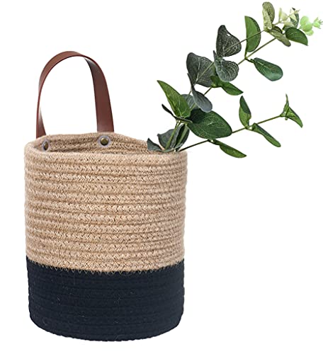 Wall Hanging Storage Baskets - Small Cotton Rope Woven Closet Storage Bins-Shelf Basket Organizer for Plants, Towels,Toys - 6.3" x 7" (Jute & Black) - color: Jute & Black
