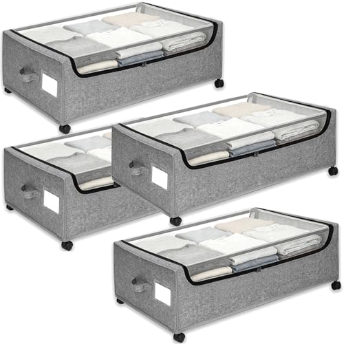 Under Bed Storage with Wheels, 4-Pack Under the Bed Storage Containers with Clear Lids & Label, Underbed Storage Bins, XXXL 85L 11 inches Rolling Metal Drawer for Clothes, Shoes, Toys, Books - Gray - color: Gray-4Pack, size: 11 inch-height