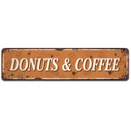 Donuts and Coffee Metal Sign - Retro Diner Sign for Kitchen or Dining Room, 4 x 16 Inch - color: V-112