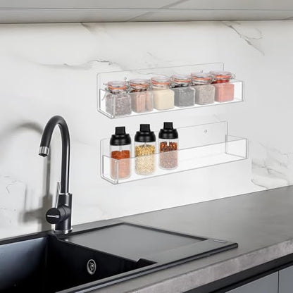 Acrylic Spice Rack Wall Mount-12 Inch, Clear Spice Shelf Storage Holder, 2 Pack Hanging Seasoning Rack Organizer for Cabinet Door, Cupboard or Wall Kitchen (Adhesive or Screw) - size: 12"- 2 Pack