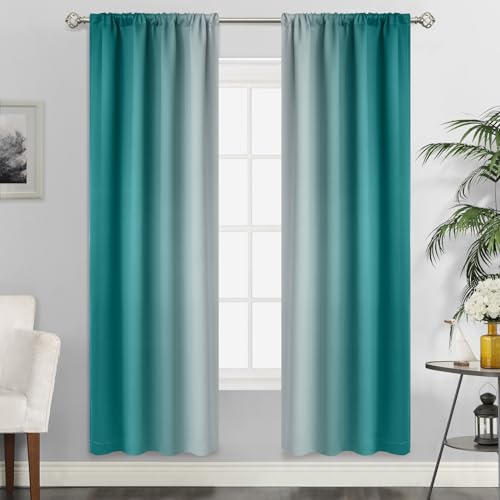 SimpleHome Ombre Room Darkening Curtains for Bedroom, Rod Pocket Light Blocking Gradient Teal to Greyish White Thermal Insulated Window Drapes for Living Room, 2 Panels, 42x72 inches Length - color: Teal, size: 42"W x 72"L (Pack of 2)
