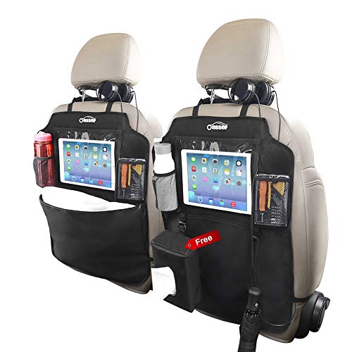 Oasser Seat Back Protector Kick Mats Backseat Car Organizers | 2 Pack, 1 Tissue Box, 12.9" Touch Screen Tablet Holder, Large Back of Seat Protector and Storage for Kids, 8 Pockets, Black