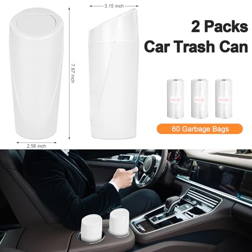 Car Trash Can, 2 Packs Mini Car Garbage Can Cup Holder with Lid | Leakproof Car Trash Bin with 60 Trash Bags, Vehicle Front Back Seat Organizers and Storage for Car, Home, Office, White - color: White