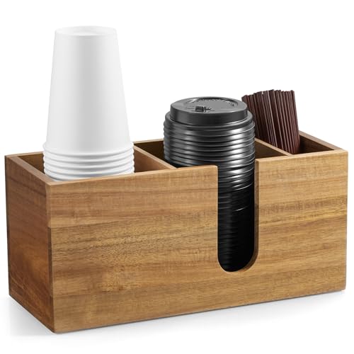 ALELION Large Acacia Wood Coffee Cup Organizer for Disposable Cups, Lids and Stir Sticks - 3-Compartment Countertop Cup Holder Storage Rack for Coffee Station, Kitchen, Office - color: Acacia, size: Large