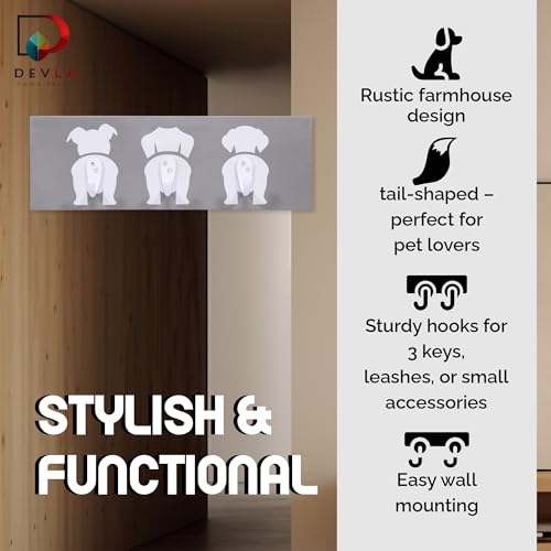 DEVLA Farmhouse Tail Key Holder for Wall - Decorative PET Leash Hanger and Coat Rack Wall Mount with Unique Dog Tail Hooks - Pet Organizer for Rustic Home Decor (Grey)