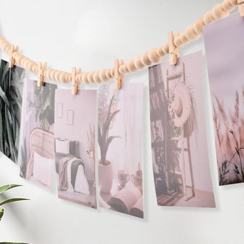 Hanging Photo Display Wall Decor with 9 Wood Clips, Boho Wooden Bead Hanging String Pictures Frame Collage Board, Multi Photo Wall Display for Bedroom Living Room Dorm Decor(Size:1 Pack)
