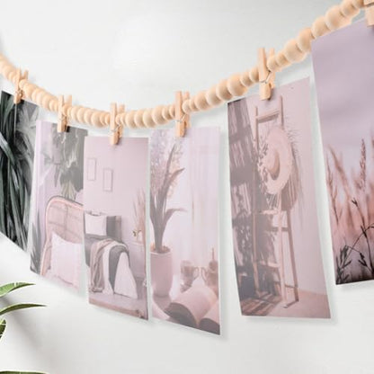 Hanging Photo Display Wall Decor with 9 Wood Clips, Boho Wooden Bead Hanging String Pictures Frame Collage Board, Multi Photo Wall Display for Bedroom Living Room Dorm Decor(Size:1 Pack)