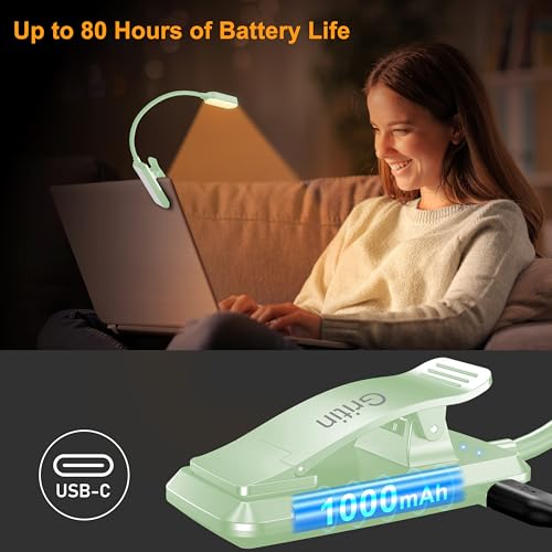 Gritin 16 LED Rechargeable Book Light for Reading in Bed- Eye Caring 3 Color Temperatures, Stepless Dimming Brightness, 80 Hrs Runtime, Lightweight Flexible Clip on Light for Book Lovers-Cyan | Eye Caring 3 Color Temperatures, Stepless Dimming Brightness,