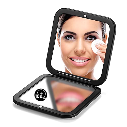 OMIRO Folding Compact Mirror, 1X/10X Magnification 3½” Pocket Size Square Hand Mirror for Travel Makeup (Black) - color: Black-10x