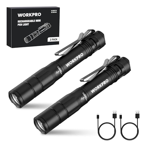 WORKPRO Rechargeable Pen Light, Mini Flashlight, 2 Pack Ultra-Compact EDC Flashlight, Pocket Flashlight with Clip, Memory Function and 2 x USB C Cable Included, Black - color: Black