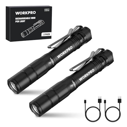 WORKPRO Rechargeable Pen Light, Mini Flashlight, 2 Pack Ultra-Compact EDC Flashlight, Pocket Flashlight with Clip, Memory Function and 2 x USB C Cable Included, Black - color: Black