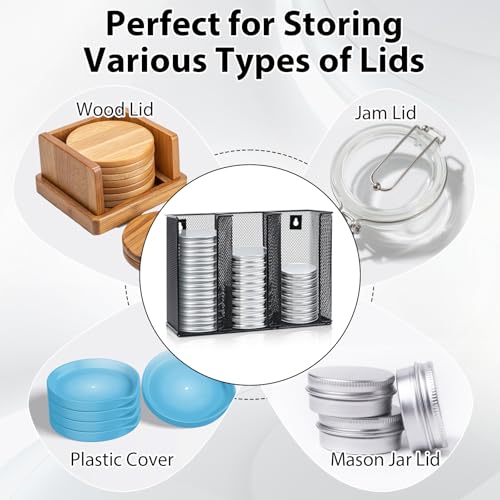 Wall Mounted Mason Jar Lid Organizer Metal Mason Jar Lid Holder 3-Compartment Mason Jar Lid Rack Vertical Mason Jars Lid Storage Wide Mouth Canning Lid Holder for Kitchen Countertop