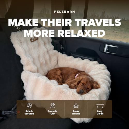 Pelsbarn Luxurious Cozy Car Bed - Small Luxury Travel Dog Bed with Safety Belt - Ultra Soft Faux Fur - Beige - color: Beige, size: Small