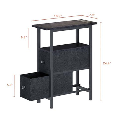TRIFEBLE End Table with Charging Station, Narrow Side Table with 2 Fabric Drawers, Skinny Nightstand with LED Light, Slim Bedside Table for Bedroom, Living Room, Small Spaces, Black - color: Black