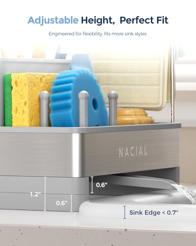 Nacial Sponge Holder for Kitchen Sink, Sink Caddy Organizer with High Brush Holder & Two Towel Racks - Rustproof 304 Stainless Steel Kitchen Countertop Storage Essentials - Gris - color: Gris