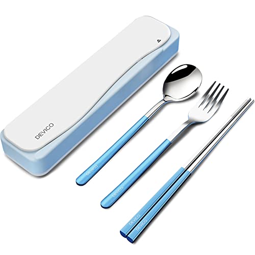 DEVICO Travel Utensils, 18/8 Stainless Steel 4pcs Cutlery Set Portable Camp Reusable Flatware Silverware, Include Fork Spoon Chopsticks with Case (Blue) - color: Blue