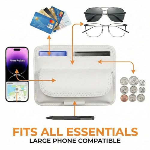 HOLDCY Car Visor Organizer – Sun Visor Storage Pouch Holder for Vehicle Truck SUV, PU Leather Auto Interior Accessories for Registration Document, Gas Card & Sunglasses, Universal Fit (White) | Keeps Registration, Cards & Sunglasses Neatly Within Reach -