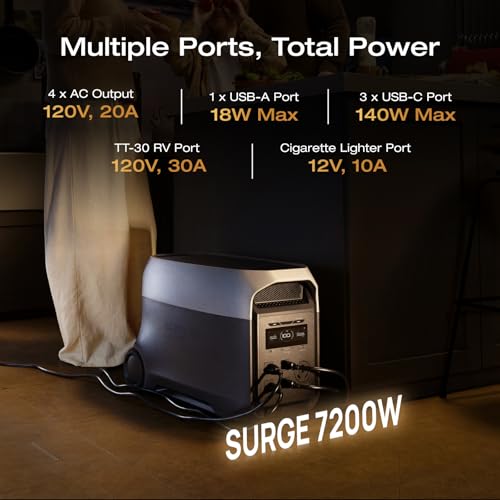 EF ECOFLOW Delta 3 Ultra Portable Power Station with XT60 Solar Cable, 3600W (Surge 7200W) Output Home Power, 3072Wh LiFePO4 Battery, Solar Generator for Home Use, Camping Accessories & RV Backup - style: DELTA 3 Ultra+XT60 Solar Cable