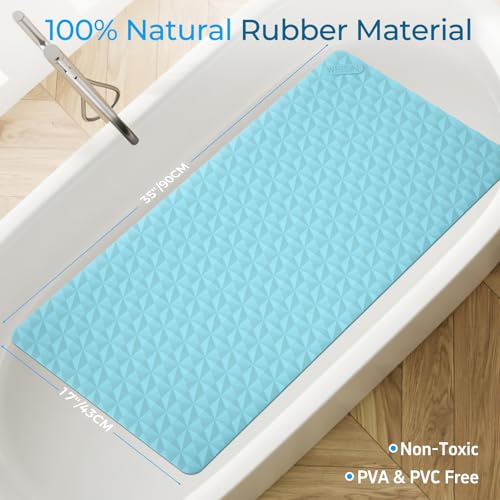 Non Slip Bathtub Mat for Bath Tub Shower Safety - Natural Rubber Mat with Suction Cups ＆ Drain Holes - BPA/PVC Free Large Bathroom Mat - Machine Washable - Unique Diamond Pattern - 17 × 35 Inch - color: Blue, size: 35" x 17" (Rectangular)